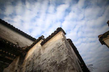 Hui-style architecture and rapeseed flowers in spring in Anhui, China