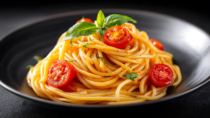 Spaghetti pasta served on a black plate.