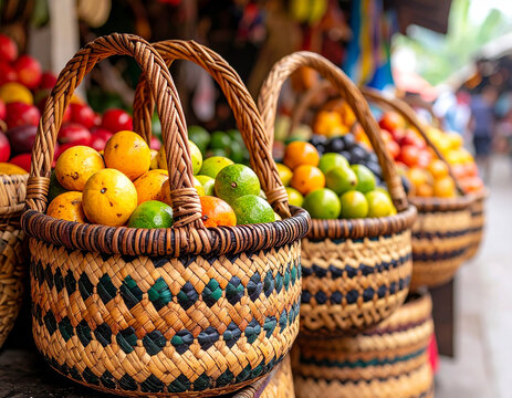 Indigenous Embera woven baskets filled with colorful fruits displayed at a local market.