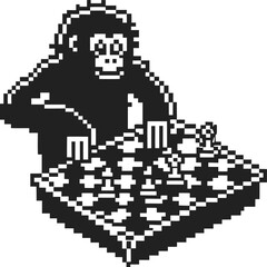 Fototapeta premium Pixel art chimpanzee playing chess black and white digital illustration, retro game board scene