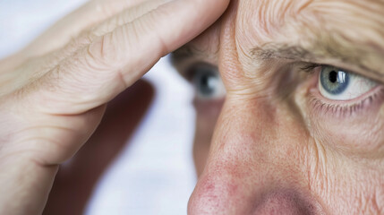 Close-up portrait of concerned senior touching forehead with medical chart blurred in background, shallow depth of field f/1.8 symbolizing stroke risk awareness and healthcare prevention concepts.