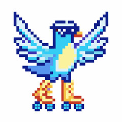 Fototapeta premium Pixelated blue bird on roller skates, retro gaming art, 8 bit style, fun and playful design