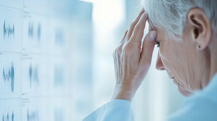 Concerned senior man touching forehead with medical chart, symbolizing health checkup and stroke risk awareness, elderly healthcare and medical examination concept.