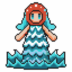 Fototapeta premium Retro pixel art character with blue waves and red helmet in 8 bit