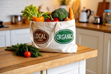 Fresh organic vegetables including carrots, cabbage, peppers, parsley, cucumber in an eco bag in the kitchen with the label "Local Organic". Natural healthy food concept.