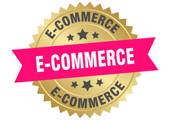 e-commerce. e-commerce round pink and gold label isolated on transparent background