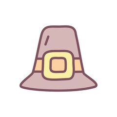 Pilgrim hat with buckle. Cute hand drawn illustration of a traditional pilgrim hat with a golden buckle on white background. Kawaii sticker. Vector 10 EPS.