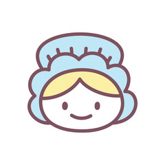 Pilgrim woman with bonnet. Cute hand drawn illustration of a colonial woman wearing a traditional blue bonnet on white background. Kawaii Thanksgiving sticker. Vector 10 EPS.