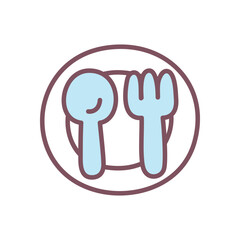 Cute plate with spoon and fork icon. Minimal hand drawn illustration of dinner plate with cutlery, symbolizing Thanksgiving meal. Kawaii sticker. Vector 10 EPS.