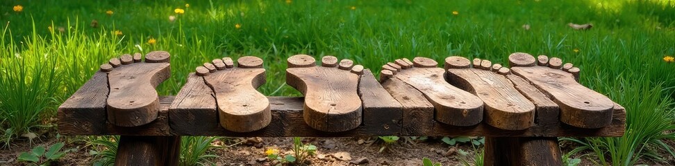 Naklejka premium A rustic wooden bench shaped like a series of footprints, ideal for outdoor spaces, parks, or gardens Perfect for resting or adding a unique touch to landscaping , walkway, quaint