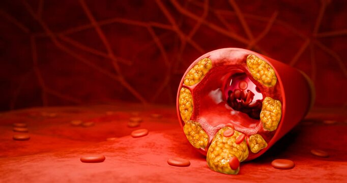 Artery narrowing due to cholesterol deposits, fast food intake, high-sugar beverages, alcohol addiction, processed foods, emphasizing risks hypertension, stroke, cardiovascular death. 3D rendering