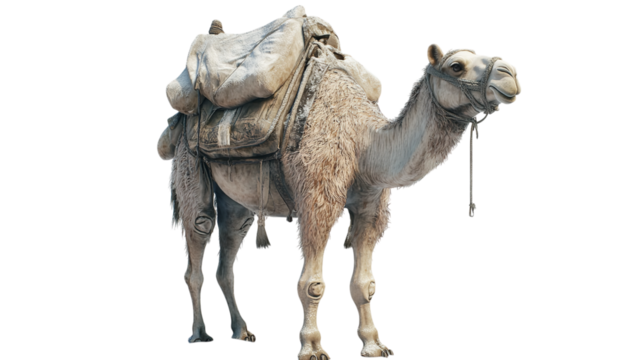 Isolated camel carrying heavy load in desert animal transport travel journey arabian mammal wildlife 100