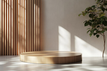 Minimal wood podiums in bright clean studio