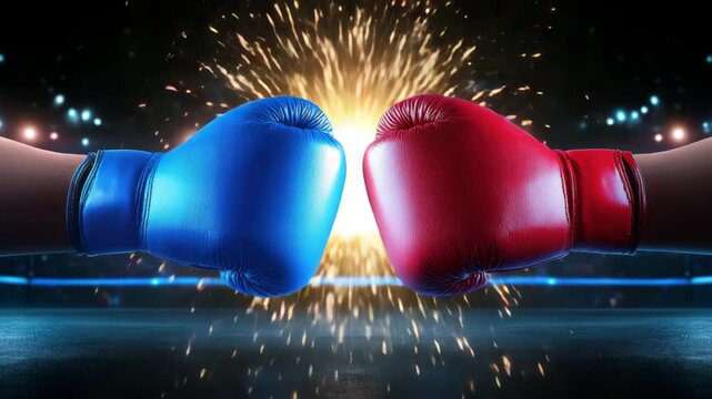Boxing glove blue glove and red glove collide in boxing ring with sparks flying, intense fight competition and sparring combat showcasing athlete sports action energy