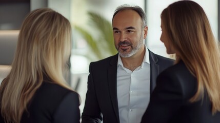 Obraz premium Engaging executive meeting: A professional gathering in the modern office space