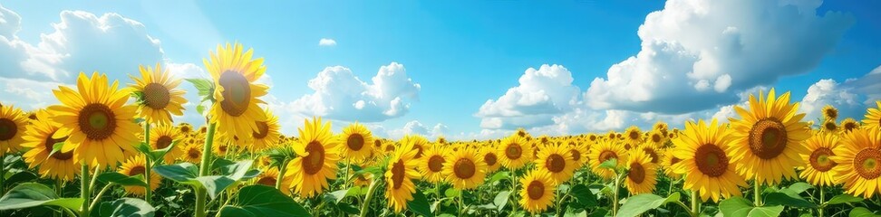 Fototapeta premium A vibrant field of sunflowers stretching towards a breathtaking blue sky, filled with fluffy white clouds Perfect for summer, nature, and happiness themes , flowers, summer, idyllic