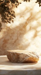 Beige concept product display podium Rock Stone with blurred background with sunlight shadow . Fashion style presentation. Vertical