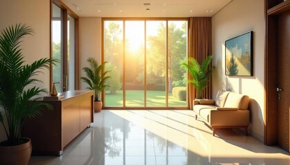 A warm and inviting scene perfect for welcoming guests or clients; sunlight streams through a large window, illuminating a clean and modern reception area , modern, stylish