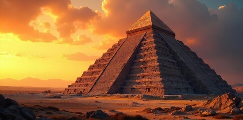 Awe-inspiring pyramid at sunset, ancient wonder bathed in golden light, majestic stone structure against vibrant sky A breathtaking view of history and mystery , monument, ruins