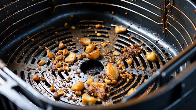 Close-up of greasy leftover food crumbs and burnt residue inside an air fryer basket after cooking, showing dirty nonstick metal surface

