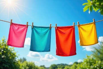 Brightly colored clothes drying on a rustic wooden clothesline against a sunny blue sky Perfect for themes of laundry, summer, nature, and nostalgia A charming and idyllic scene , vibrant, drying