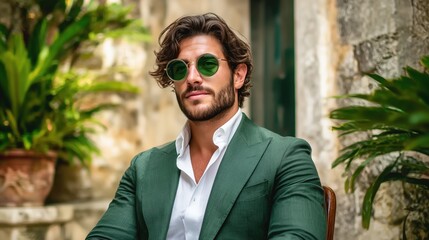 Stylish man in green suit and sunglasses posing outdoors in summer