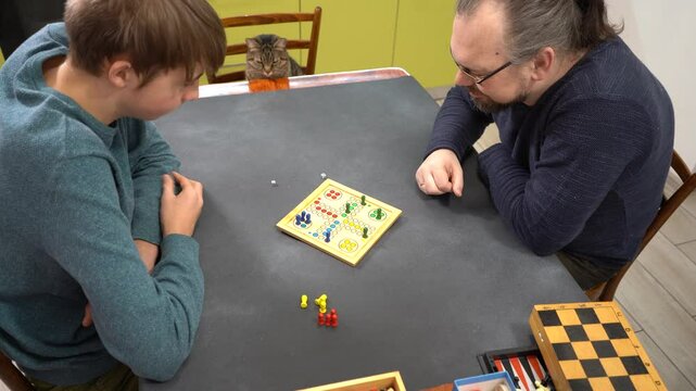 Cat in family life. Board game Ludo Game. Teenager and Dad Play at home. Players hands. Time together.