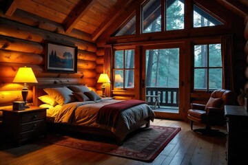 Cozy cabin interior illuminated by warm, inviting lamplight Perfect for travel, vacation, or home decor websites Shows comfortable rustic furniture and soft lighting , firelight, glow, pillows
