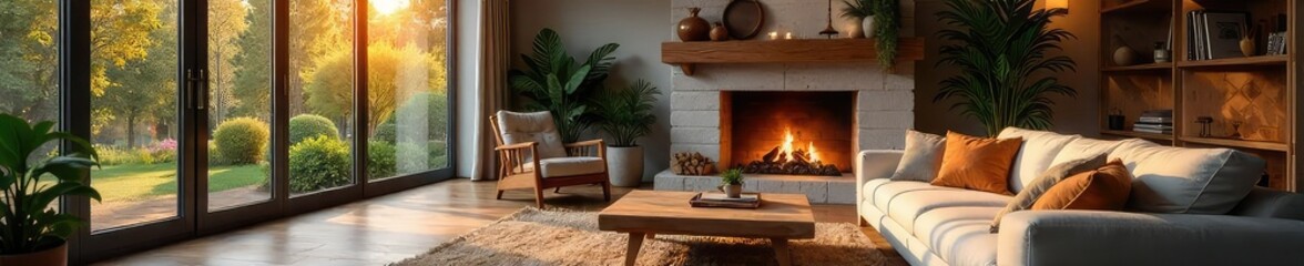 Cozy living room interior with comfortable sofa, fireplace, and large windows offering natural light Perfect for relaxation and family time Stylish decor, warm atmosphere , bright, sofa