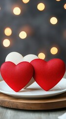 Two decorative hearts, one red and one white, sit on a plate with a blurred bokeh background, creating a romantic and festive atmosphere.