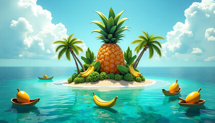 Obraz premium Tropical fruit island paradise with pineapple, bananas and palm trees and clear blue sea and sky.
