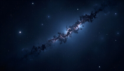 Fototapeta premium Vast expanse of deep blue and black space reveals a glowing galaxy cluster with stars.