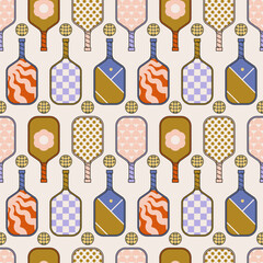 Pickleball seamless pattern with paddles and balls, in retro line style