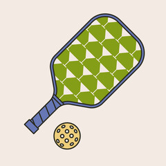 Pickleball paddle and ball. Retro line style illustration