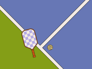 Vector banner with pickleball equipment on court, retro line style illustration