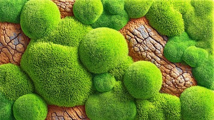 Vibrant Green Moss Interspersed with Textured Brown Tree Bark Close Up