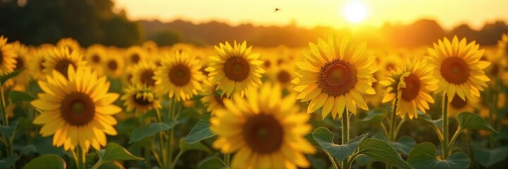 Obraz premium Golden hour sunlight bathes a lush field of ripening sunflowers, buzzing with bees; a quintessential summer harvest scene , landscape, ecology