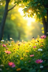 Obraz premium Golden sunlight filters through lush green leaves, illuminating a vibrant summer meadow teeming with wildflowers and buzzing insects A tranquil scene of idyllic summertime nature , blossom, ecosystem