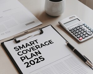 Smart financial insurance coverage concept. Business documents with a calculator and cup on a desk,...