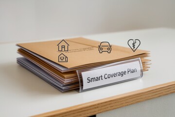 Smart financial insurance coverage concept. Stack of folders labeled "Smart Coverage Plan" with insurance icons on a desk.