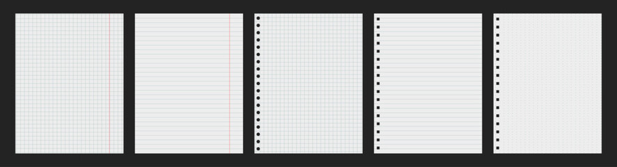 Set of different notebook sheets. Template of notebook paper in a cage, strip, on rings, in a dot. Vector illustration.
