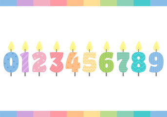 Birthday candles number. Different color birthday candles with burning flames. Vector design. Festive illustration collection of bright Birthday Cake Candle Numbers