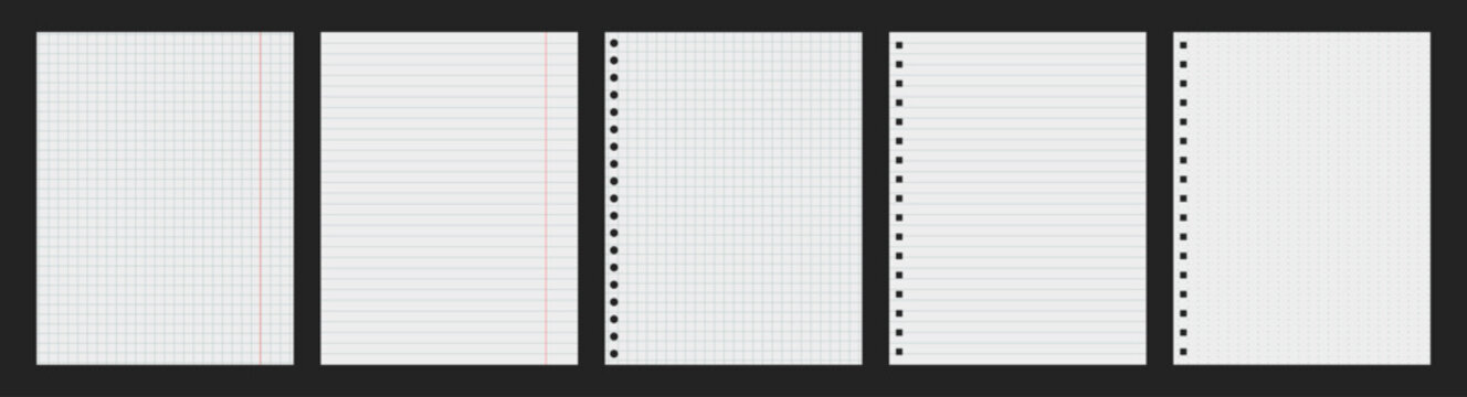 Set of different notebook sheets. Template of notebook paper in a cage, strip, on rings, in a dot. Vector illustration.
