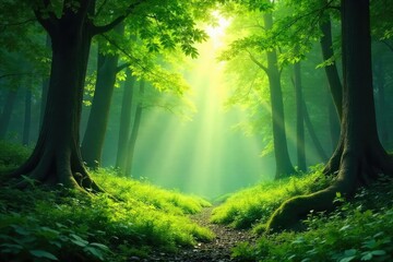 Lush green forest scene, sunlight dappling through leaves, creating a vibrant and tranquil atmosphere Perfect for nature, environment, and ecology themes , forest, organic