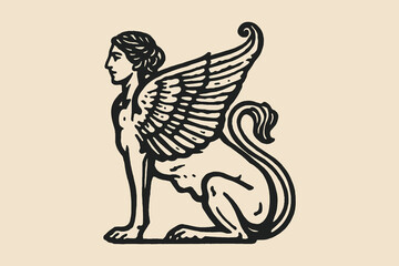 Obraz premium Greek sphinx mythological creature engraving vector illustration