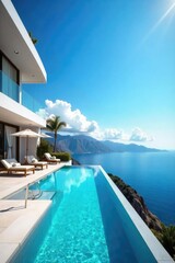 Fototapeta premium Luxurious hotel with stunning blue-sky views from its rooftop terrace and infinity pool, offering ultimate relaxation and breathtaking panoramic vistas , luxury, blue