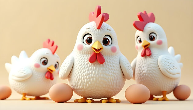 Ilustraci&oacute;n de gallinas beb&eacute; lindas de ojos grandes y cara simp&aacute;tica. Fondo neutro.
