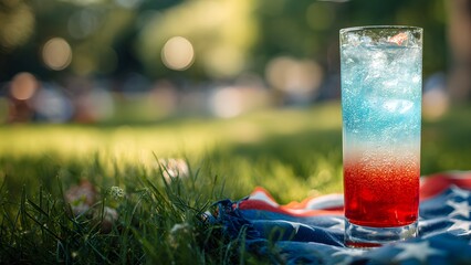 A colorful drink with red, white, and blue layers sits on a picnic blanket in a park. The scene captures the essence of Independence Day celebrations in the USA.