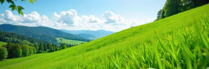 Naklejka premium Steep, grassy hill perfect for sledding or rolling down, vibrant green grass, sunny day, idyllic landscape , lawn, view