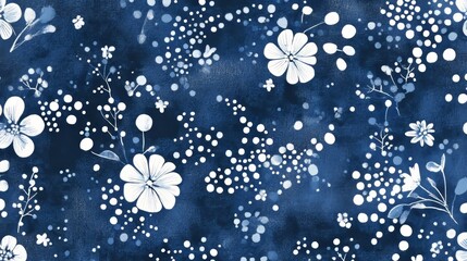 Indigo and white dots and flower shapes create a seamless pattern with a mottled look.
